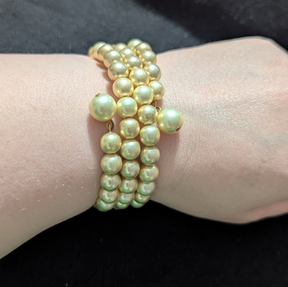Cream Champagne Faux Pearl Beaded Memory Wire Wrap Statement Bracelet